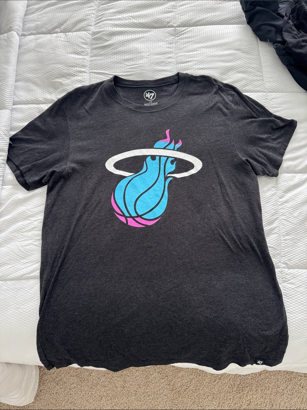 '47 Miami Heat Neon Flame Logo Tee - Black with Blue & Pink Graphic
